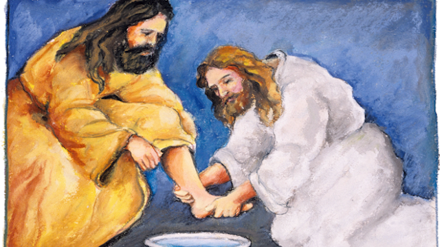 Watercolor of Jesus washing
		feet