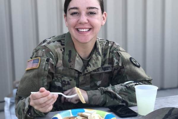 Woman eating pancakes